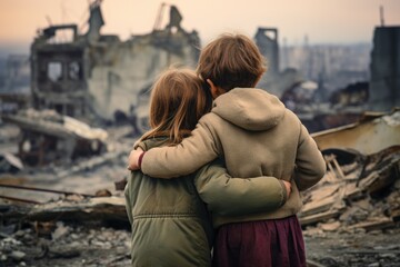 Young couple hugging in the ruins of a destroyed building.