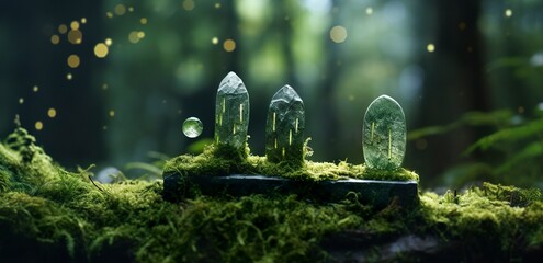 Crystals with moon phases image of moss in a mysterious forest, natural background. - obrazy, fototapety, plakaty