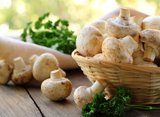 natural organic mushrooms champignons on the table