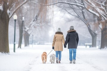enjoyful an elderly couple and dog strolling hand in hand through a snow-covered park. - obrazy, fototapety, plakaty