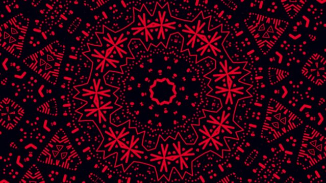 Abstract Red and Black Kaleidoscope Looping Video Background. 4K HD Fractal Animation Footage. Batik Ethnic Traditional Pattern Motion Graphics.