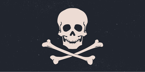 Death Skull Crossbones. Retro hand drawn white skull with cross bones on black pirate flag. Vintage poster with black skull skeleton on dark background for celebration Halloween. Vector Illustration