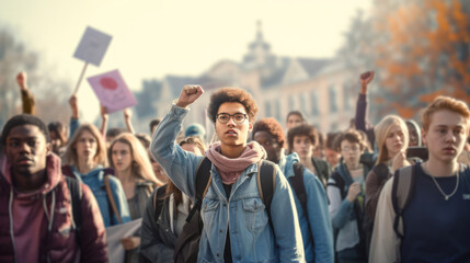 A group of students participating in a school walkout to protest educational policies - obrazy, fototapety, plakaty