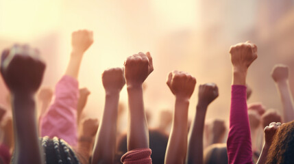 Activists raising their fists in the air as a symbol of empowerment and resistance - obrazy, fototapety, plakaty