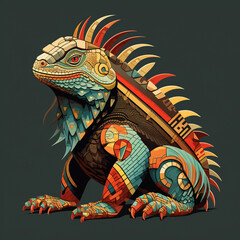 Iguana Tribute: Aztec and Maya-Inspired Illustration in Vibrant Hues