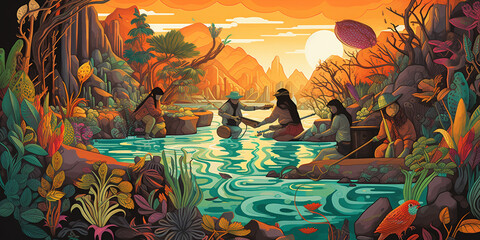 River Workers: Panoramic Latin American Indigenous-Inspired Illustration