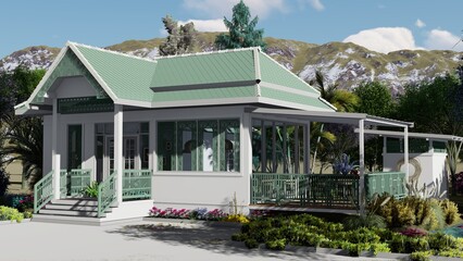 Fototapeta na wymiar 3D Cafe style house model, designed with a balcony and gardens around the area to create a shady atmosphere. With a beautiful interior decoration.
