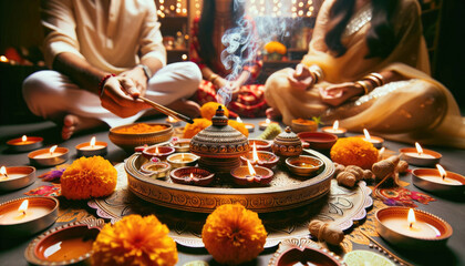 A family united in prayer, emphasizing the spiritual depth of the Diwali