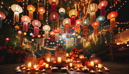 A garden illuminated by colorful lanterns, candles, and fairy lights, epitomizing Diwali's warmth.