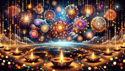 Fototapeta na wymiar Diwali Splendor: Glowing Lights and Skyward Fireworks Celebration