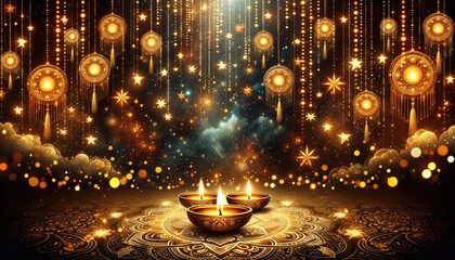 Diwali's Celestial Tapestry. A backdrop shimmering with golden diyas, twinkling stars, and radiant rangoli patterns.