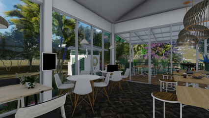 3D Cafe style house model, designed with a balcony and gardens around the area to create a shady atmosphere. With a beautiful interior decoration.