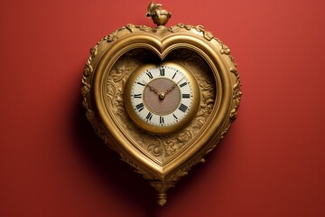 A heart clock with a golden frame and sideways clock face. Generative AI