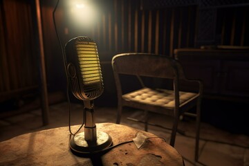 Old microphone and chair illuminated by volumetric light. Generative AI