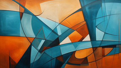 A warm abstract painting made up of lines and curves. Orange and blue color.