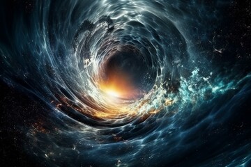 Stunning depiction of a black hole in a sci-fi wallpaper. Deep space beauty with vibrant graphics of water waves, clouds, night sky, universe, galaxy, and planets. Generative AI
