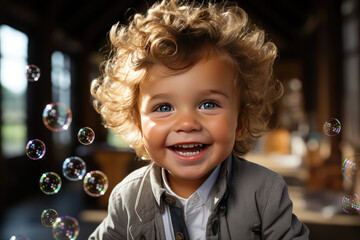 Kid in the living room surrounded by bubbles.