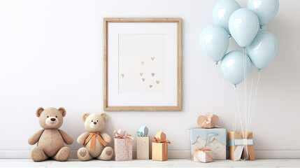 Baby shower design layout featuring children s toys including a teddy bear and framed on a light wall background