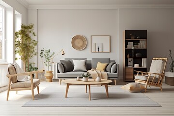 Interior of light living room with grey sofas, wooden armchair, and coffee table.