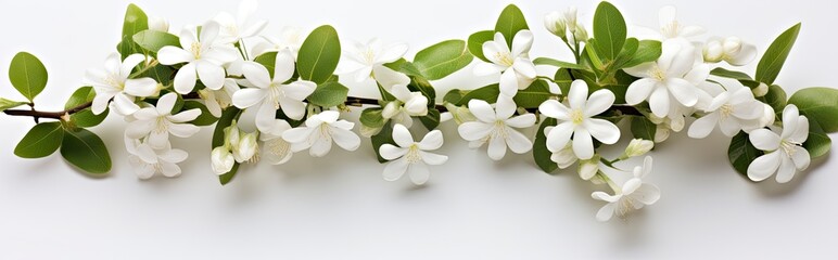 Jasmine flowers on white surface.