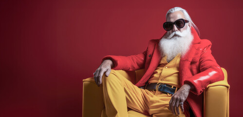 Santa Claus wearing avant-garde fashion in red and yellow clothe, sunglasses,  sitting in comfortable chair on dark red background, copy space