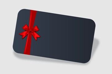 Blank black gift card with red ribbon bow isolated on grey background with shadow 3D Illustration.