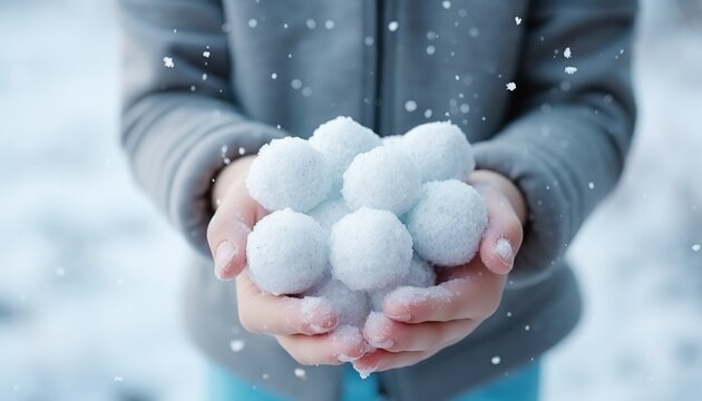  child holding snowballs on the winter 