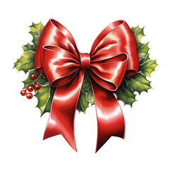 Red Bow For Christmas Event. Watercolor Style. AI Generated