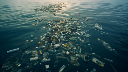 Fototapeta na wymiar Garbage floating in the clear sea