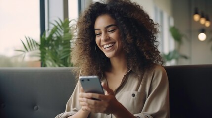 Happy young woman sitting on sofa, smiling lady laughing holding smartphone