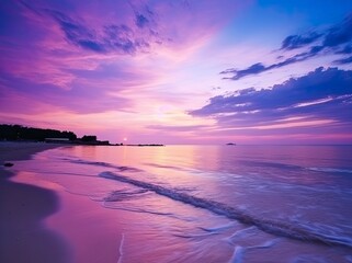 Obraz premium Summer beach with blue water and purple sky at the sunset.