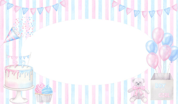 Pink blue banner gender reveal party invitation, baby shower. Boy or girl, he or she. Balloons box, cake, cupcake, confetti. Hand drawn watercolor illustration isolated background. Oval frame