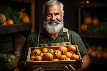 Senior male gardener holding harvested pumpkin in the garden. Mature farmer with a bunch of self-grown goods. Growing own herbs and vegetables in a homestead.