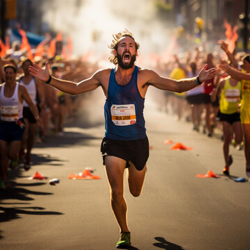 person running in the city, marathon runner, MARATHON FINISH LINE, crossing the finish line, sweat-soaked, and triumphant, spectators cheering in the background, the athlete