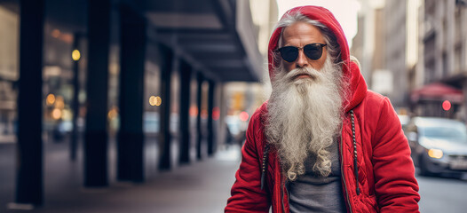 Santa Claus with sunglasses donning stylish streetwear ensemble, looking effortlessly cool. Santa's Street Style concept, copy space