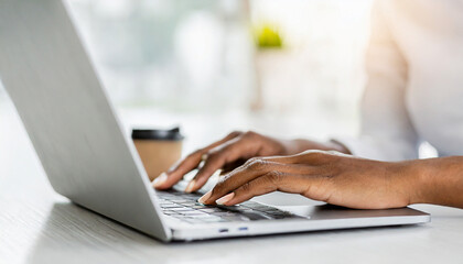 Fototapeta premium Business woman hands typing on laptop computer keyboard, surfing the internet at the office with copy space for web banner, Woman worker and business concept