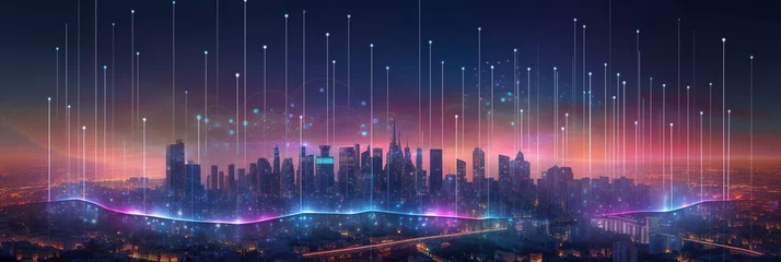 Foto op Canvas Smart city and abstract dot points connect with gradient lines and aesthetic Intricate wave line design, big data connection technology concept. © Dibos