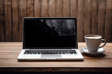 Fototapeta premium Productive workspace. Modern office desk with laptop and coffee on wooden table. Cafe freelancing. Working on computer in cozy shop. Digital nomads. Creative space