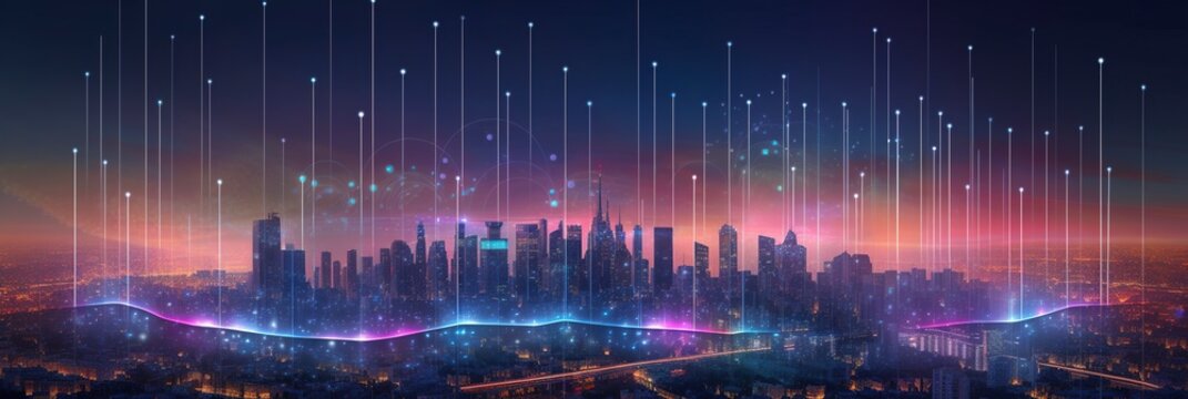 Smart city and abstract dot points connect with gradient lines and aesthetic Intricate wave line design, big data connection technology concept.