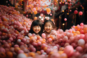 Two Asian kids swarmed by swarm of balloons