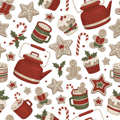 Seamless pattern. Gingerbread cookies, Christmas dessers and drinks. Perfect for wrapping paper, packaging design, seasonal home textile, greeting cards and other printed goods