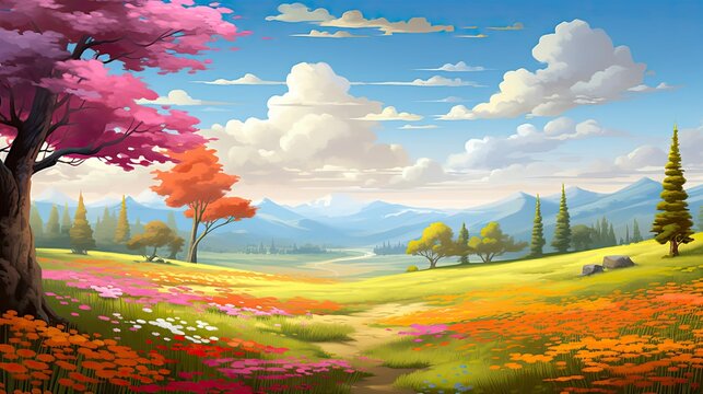 Spring season with colorful flowers and trees in a pretty meadow or field. © Dibos