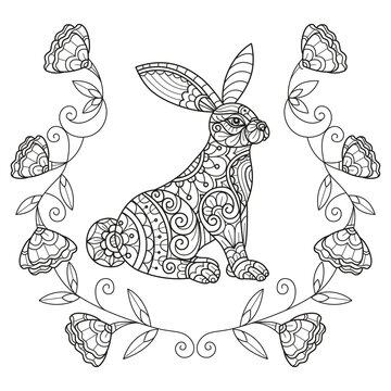 Little rabbit and cute flowers hand drawn for adult coloring book
