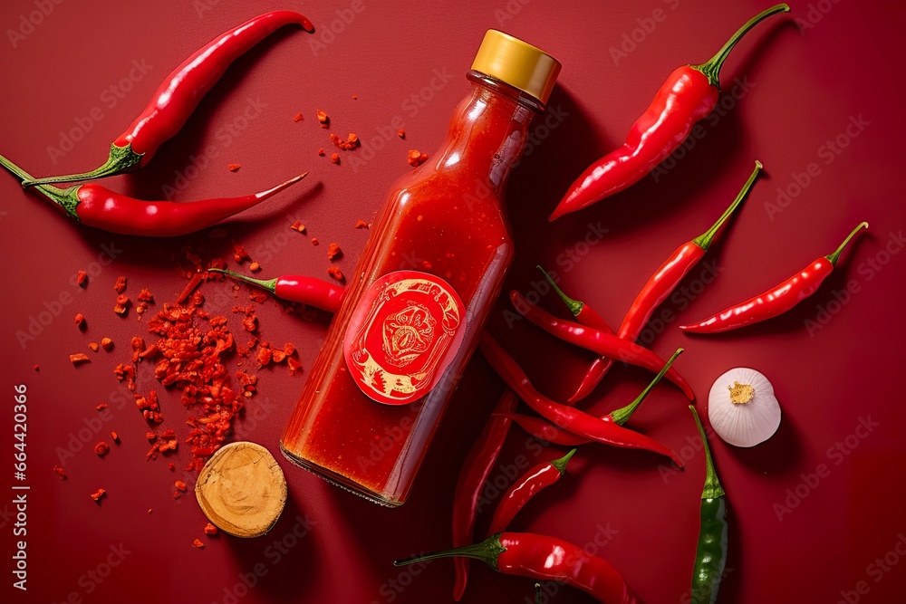 Wall mural tabasco hot pepper sauce with red chili pepper, flat lay. - Wall murals