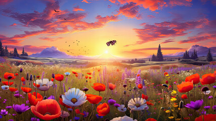 bee and butterfly on wild field floral sunny field meadow ,daisies, cornflowers,lavender ,poppy flowers and old village on horison at summer morning ,sunset sky - obrazy, fototapety, plakaty