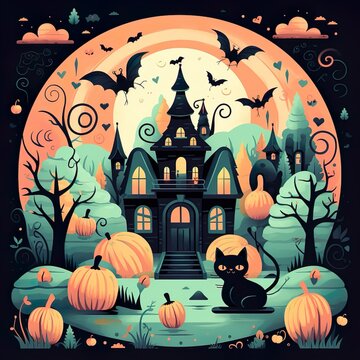 halloween background with pumpkin/illustration/generative AI/cute/catoon style,joyful,kids,cat,girl