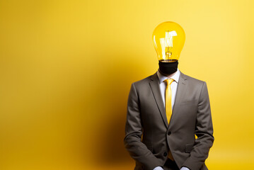Businessman having idea, light bulb instead of head. Tips and information. Clean yellow background. Copy space. Generative AI - obrazy, fototapety, plakaty
