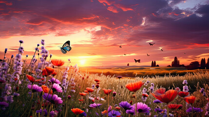 bee and butterfly on wild field floral sunny field meadow ,daisies, cornflowers,lavender ,poppy flowers and old village on horison at summer morning ,sunset sky