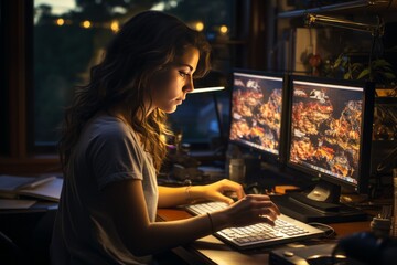 Female IT specialist sits in a dark office and looks at several monitors with her hands on the keyboard. Young girl is engaged in testing websites, debugging programs, expert development, coding.