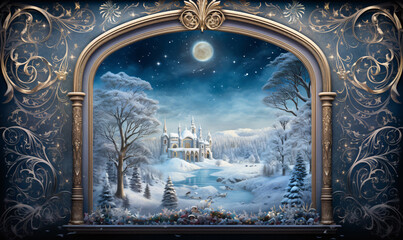 A view through an ornate frame into a winter realm where we see a magical castle on a snowy mountaintop. A magical Christmas escape.